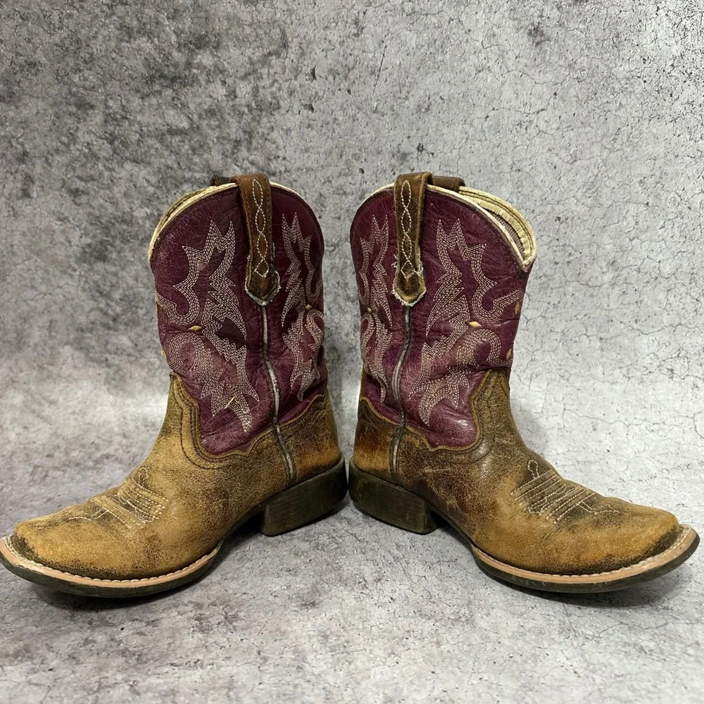 Ariat Tombstone Western Boots Kids Size 11 Brown Purple Leather Square Toe 4LR